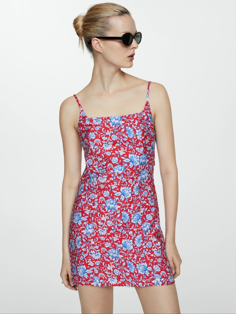 NWT Mango MNG Blue Red White Floral Print Open Back Lined Mini Dress Size XS